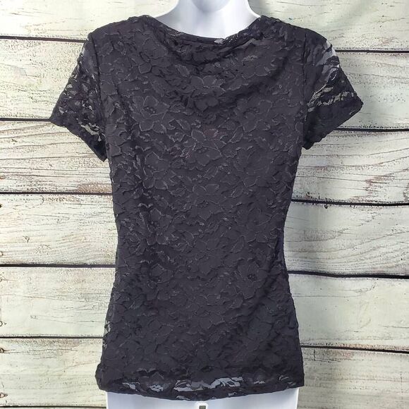 Banana Republic Black Lace Short Sleeve Top Size XS Floral Sheer Overlay Stretch - Picture 5 of 8